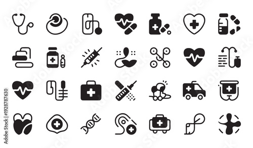 Diverse medical and healthcare icons in silhouette, medical technology and science themes