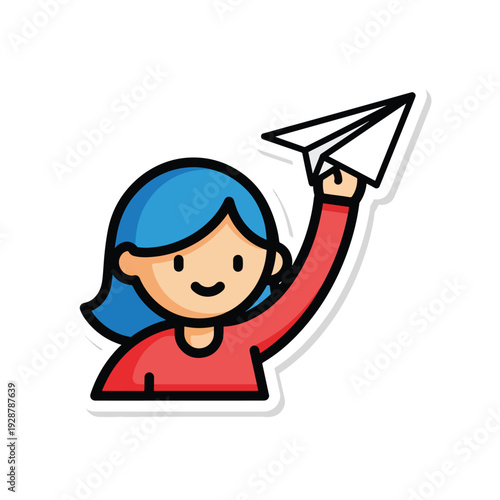 A smiling girl with blue hair holding a paper airplane in her hand, depicting a carefree moment in a simple illustration