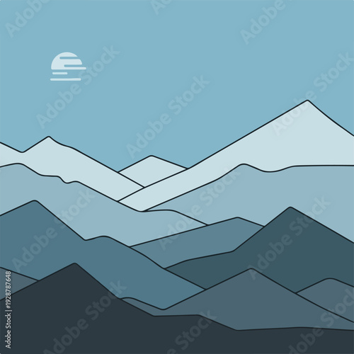 Minimalist landscape with layered mountains and a stylized sun
