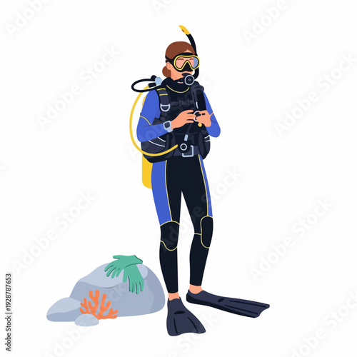Female Scuba Diver Preparing for an Underwater Adventure with Full Gear