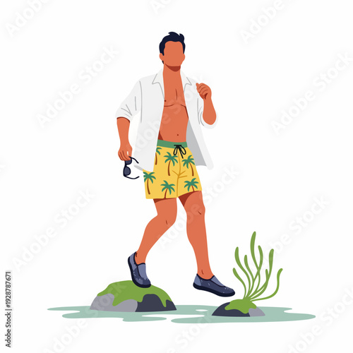 Young man in summer attire walking by the water, holding sunglasses. Flat illustration of a male enjoying a tropical beach vacation or holiday leisure.