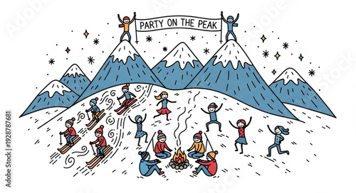 Winter Mountain Party Celebration with Skiers and Campers.