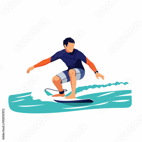Male surfer catching a wave in a dynamic flat illustration style, showcasing an active summer water sport.