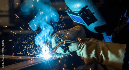 Professional MIG/MAG Welding Techniques: Safe Metal Arc Welding Process, Creating High-Quality Welds with Electric Spark and Specialized Protective Equipment in Industrial Mechanical Processing.