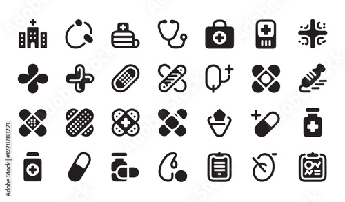 Healthcare icon set including hospital, stethoscope, pills, and medical symbols.