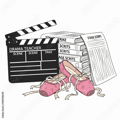 Drama clapperboard with scripts and shoes.