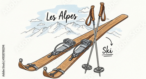 Vintage wooden skis and poles with Les Alpes text.