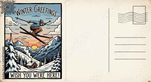 Vintage Skiing Postcard with Winter Greetings Message.