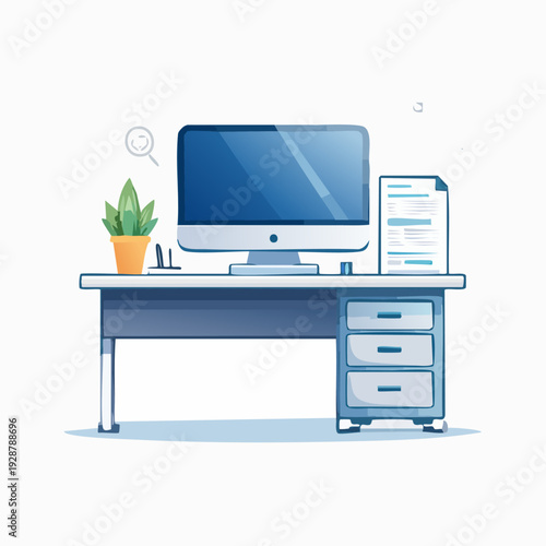 Modern Desk Setup with Computer and Plant Illustration.
