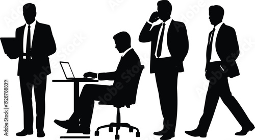 Businessmen silhouettes collection, professional corporate executives working with laptop, talking on phone and walking, black vector illustration isolated set