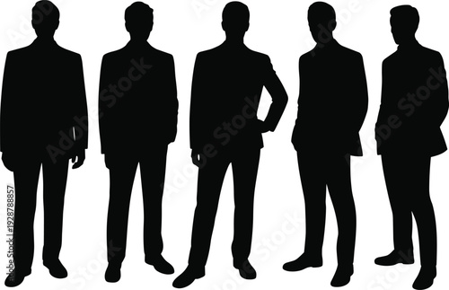 Businessmen silhouettes set, professional corporate men standing in formal suits, isolated black vector illustration for office and leadership concept