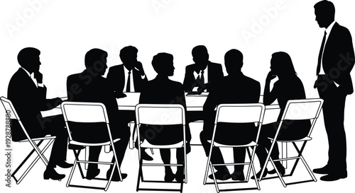 Corporate board meeting silhouettes, business team discussing strategy at conference table, professional office leadership black vector illustration isolated