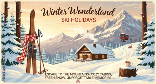 Vintage Ski Holiday Advertisement Winter Wonderland Scene.