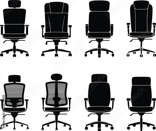 Ergonomic office chair silhouettes collection, modern swivel desk and executive seating set isolated on white background, workspace furniture bundle