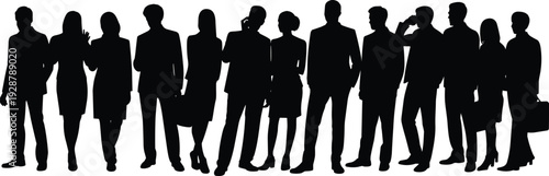 Group of business people silhouettes, diverse corporate team standing together, professional men and women isolated black vector illustration