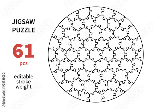 Cutting lines grid design jigsaw puzzle. Jigsaw puzzle blank template. 61 pieces. Editable stroke weight. Vector illustration.