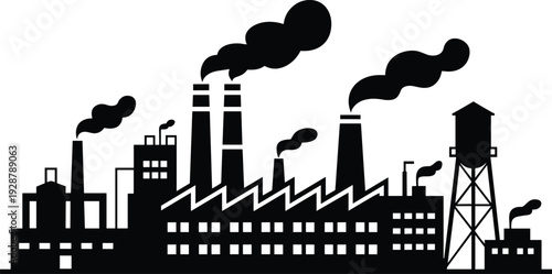 Industrial factory skyline silhouette with smoking chimneys, heavy manufacturing plant buildings and water tower, pollution concept black vector illustration