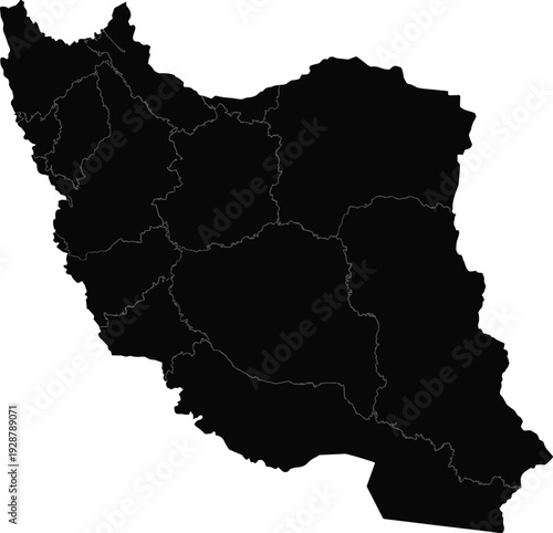 Iran map silhouette with provincial borders, detailed country outline of Islamic Republic of Iran, black vector illustration isolated on white