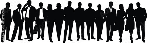 Large group of business people silhouettes, diverse corporate team standing together in formal attire, professional workforce black vector illustration