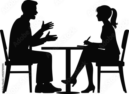 Job interview silhouette scene, recruiter and candidate discussing at table, professional business meeting concept isolated black vector illustration