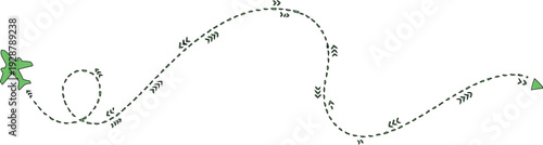 The image features a light green airplane positioned on the left side, indicating the starting point of its journey. The airplane is depicted following a dotted line trail, which visually represents i