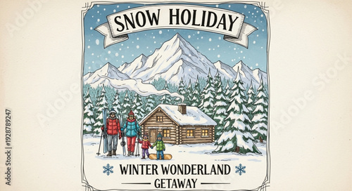 Vintage illustration of a cozy cabin in a snowy mountain landscape with skiers.