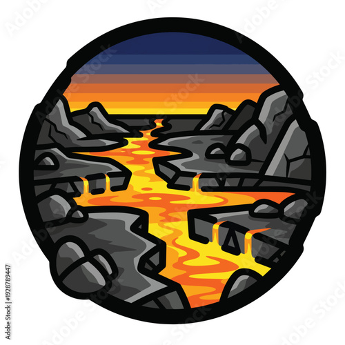 A cartoon lava stream flows between rocks at sunset