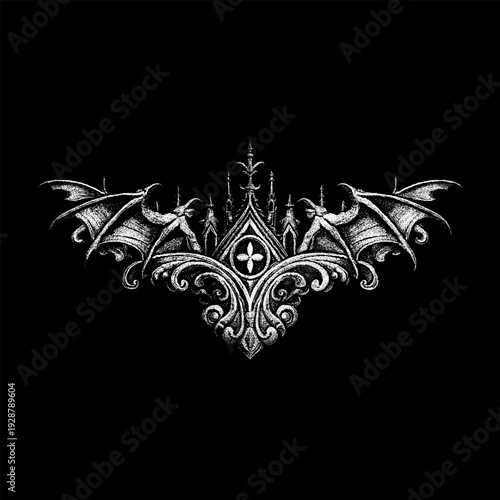 Hand-drawn gothic vector illustration featuring symmetrical bat wings merged with ornate cathedral architecture. Highly detailed white ink engraving style with dramatic shading.