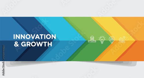 Modern banner illustration with colorful arrows, icons, and text