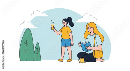 Two young women enjoying coffee outdoors in a park setting.
