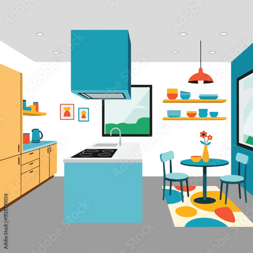 Modern kitchen illustration with island, dining area, and cabinetry