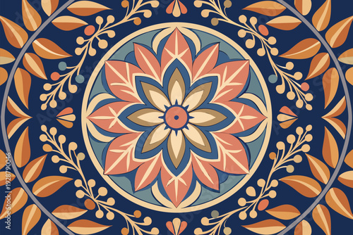 Intricate floral mandala medallion with symmetrical petals and foliage in navy, coral, and beige tones, perfect for decorative tile, wallpaper, textile, or surface design with elegant cozy style.