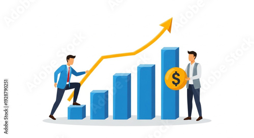 Two businessmen stand beside a rising bar chart with an upward arrow and dollar sign.