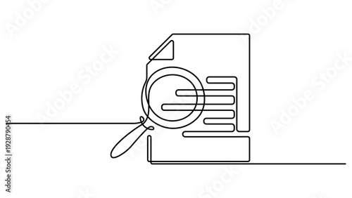 Continuous one line drawing of Paper document with magnifying glass. Office notes concept. Business analysis concept. Single line drawing illustration. Editable vector