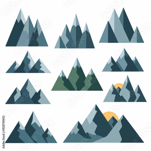 Foto Nine geometric mountain range illustrations, diverse colors with a simple style