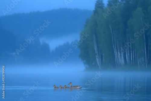 Wallpaper Mural Foggy Lake Scene with Canoe and Mountains. Torontodigital.ca
