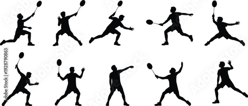 Collection of badminton player silhouettes in dynamic action poses isolated on white background, black athlete vector set for sports design, logo, and illustration