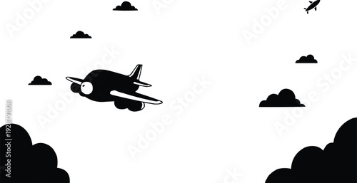 The airplane likely has exaggerated features, such as a rounded body or oversized wings, which adds to its charm and makes it visually appealing. The clouds, also depicted in a cartoonish manner, 