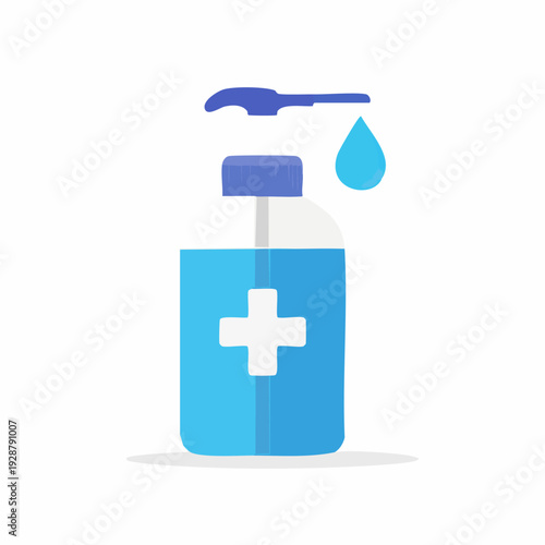 Hand sanitizer bottle with cross symbol for hygiene.