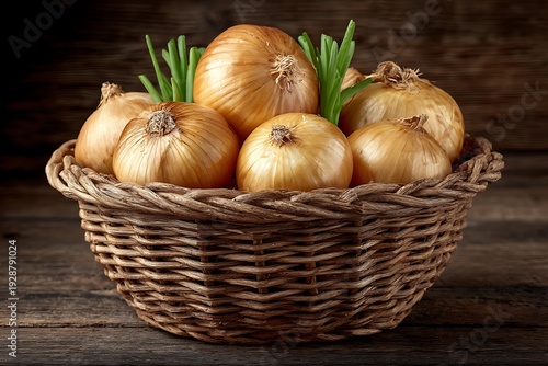Wallpaper Mural Fresh Onions in Wicker Basket on Wooden Table. Torontodigital.ca