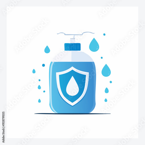 Hand Sanitizer Bottle with Shield and Water Drops Icon.
