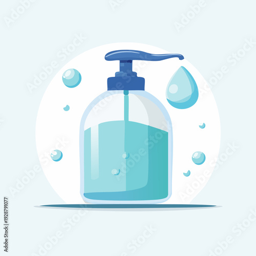 Hand sanitizer dispenser with blue liquid and bubbles.