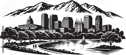 Fotografía Salt Lake City Skyline Silhouette, Vector Illustration, Isolated on White Backgr