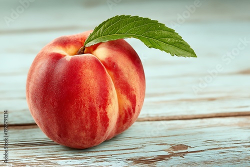 Wallpaper Mural Fresh Peach with Leaf on Wooden Table. Torontodigital.ca