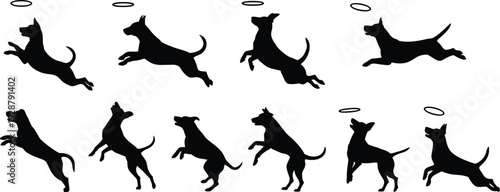 Collection of dog silhouettes jumping and catching frisbee isolated on white background, black pet animal vector set for training, sport, and activity design