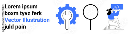 Software development, coding education, technical maintenance, web design, IT tools, innovation. Wrench inside gear, empty speech bubble person holding coding interface. Software development