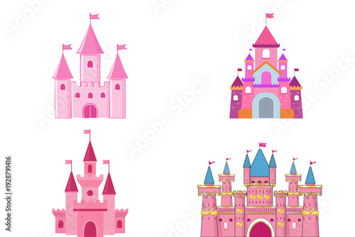 A vibrant collection of enchanting pink fantasy castles, perfect for whimsical fairytales and fostering childhood dreams, creating magical storybook adventures