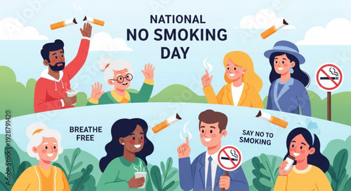 National no smoking day illustration with diverse people saying no to smoking and promoting healthy breathing