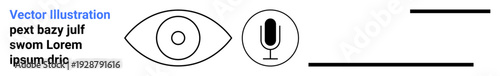 Communication, accessibility, media design, user interface, visual tools, audio technology. Eye and microphone symbols with text elements and lines. Communication and accessibility visually
