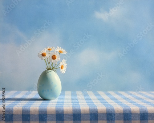 Easter Egg Vase with Daisies on Gingham Tablecloth